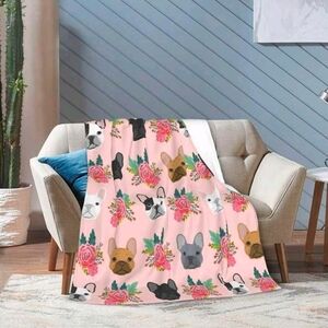 Cute Cartoon 50x40 French Bulldog Farmhouse Flowers Flannel Throw Blanket